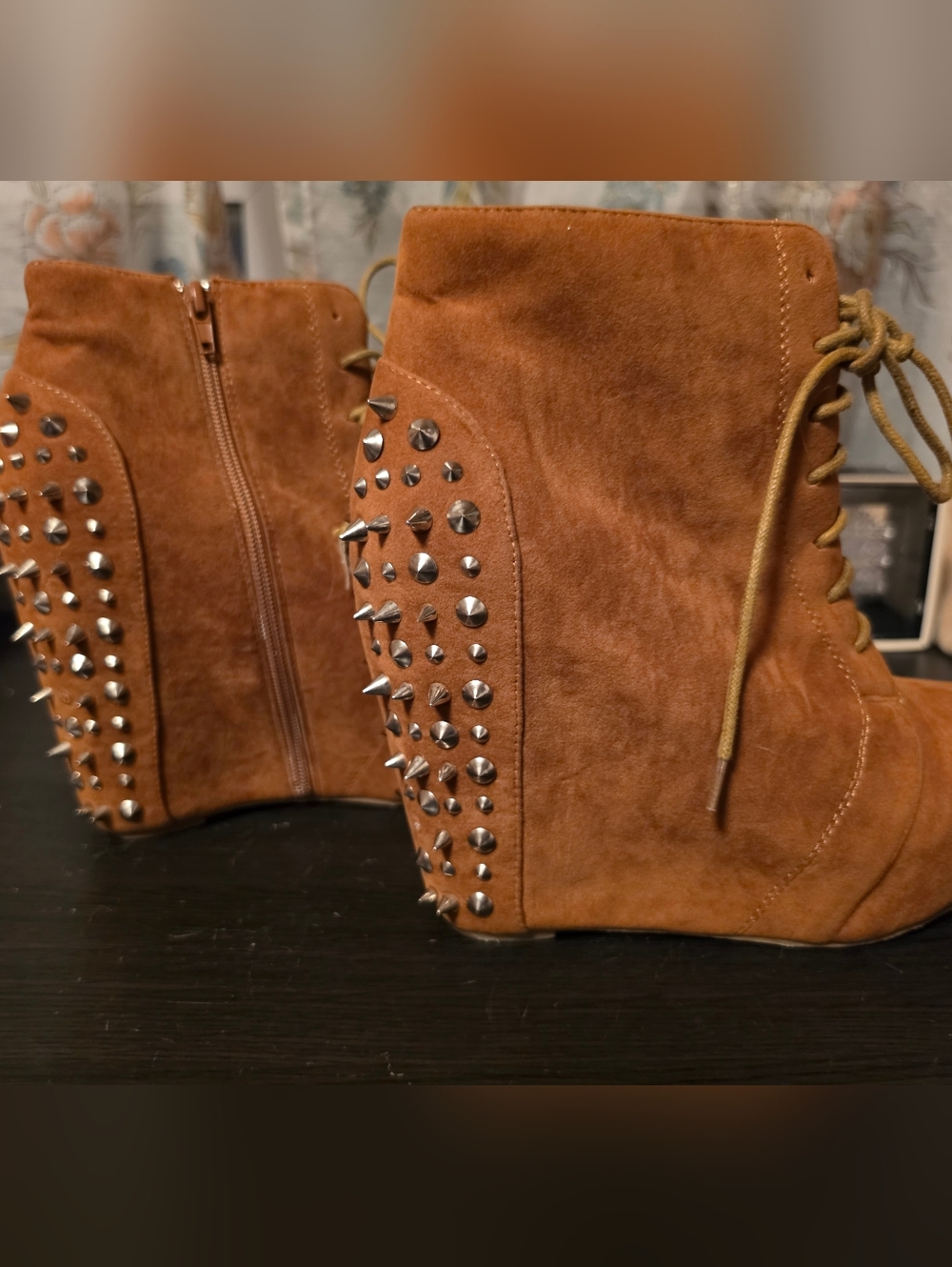 Glaze Tan Suede Lace-Up Wedge Boots with Stud Accent